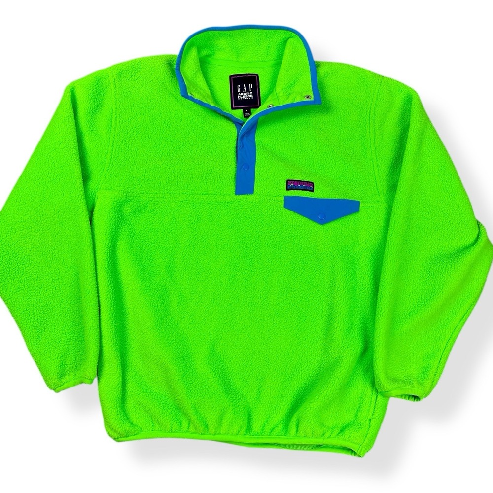 Gap Arctic Reissue Size S Mens Pullover Sweater‎ Fleece 1/4 Snap Neon Green Blue